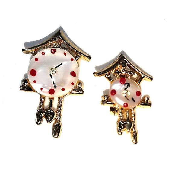 Vintage Cuckoo Clock Pins, Mother of Pearl Faces, 1950s Set of Two - Picture 1 of 10